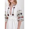 Women's White Full Collar Balloon Sleeve Lined Belted Embroidery Dress Alc-x11571