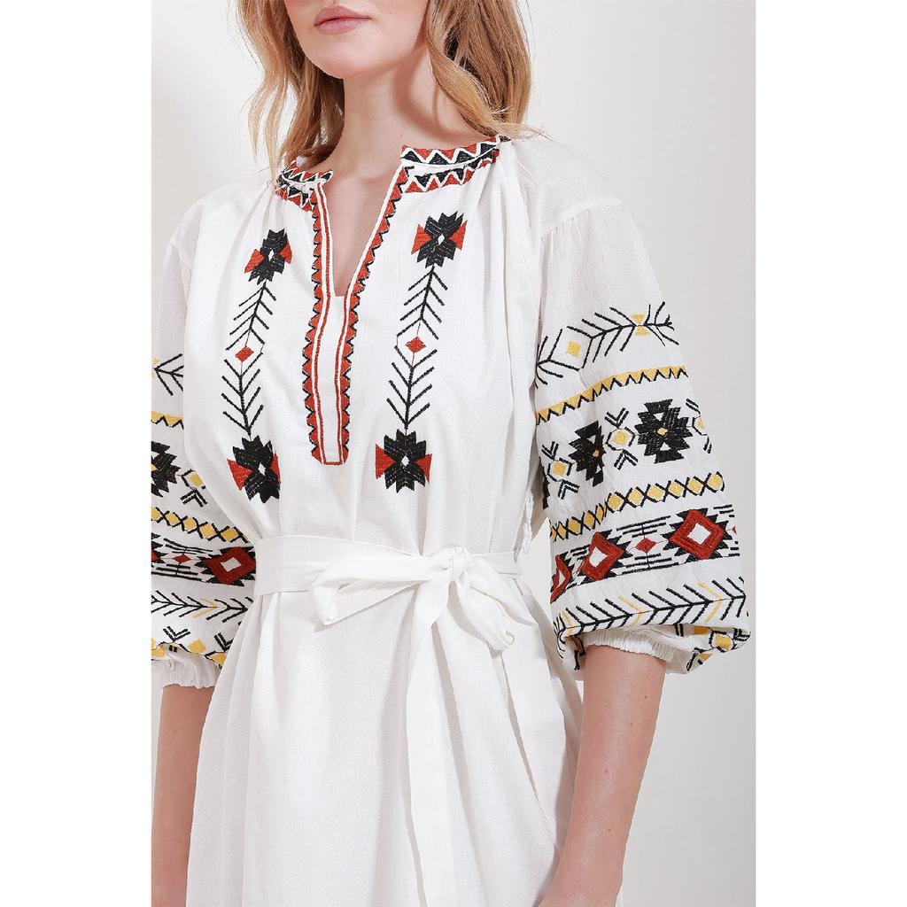Women's White Full Collar Balloon Sleeve Lined Belted Embroidery Dress Alc-x11571