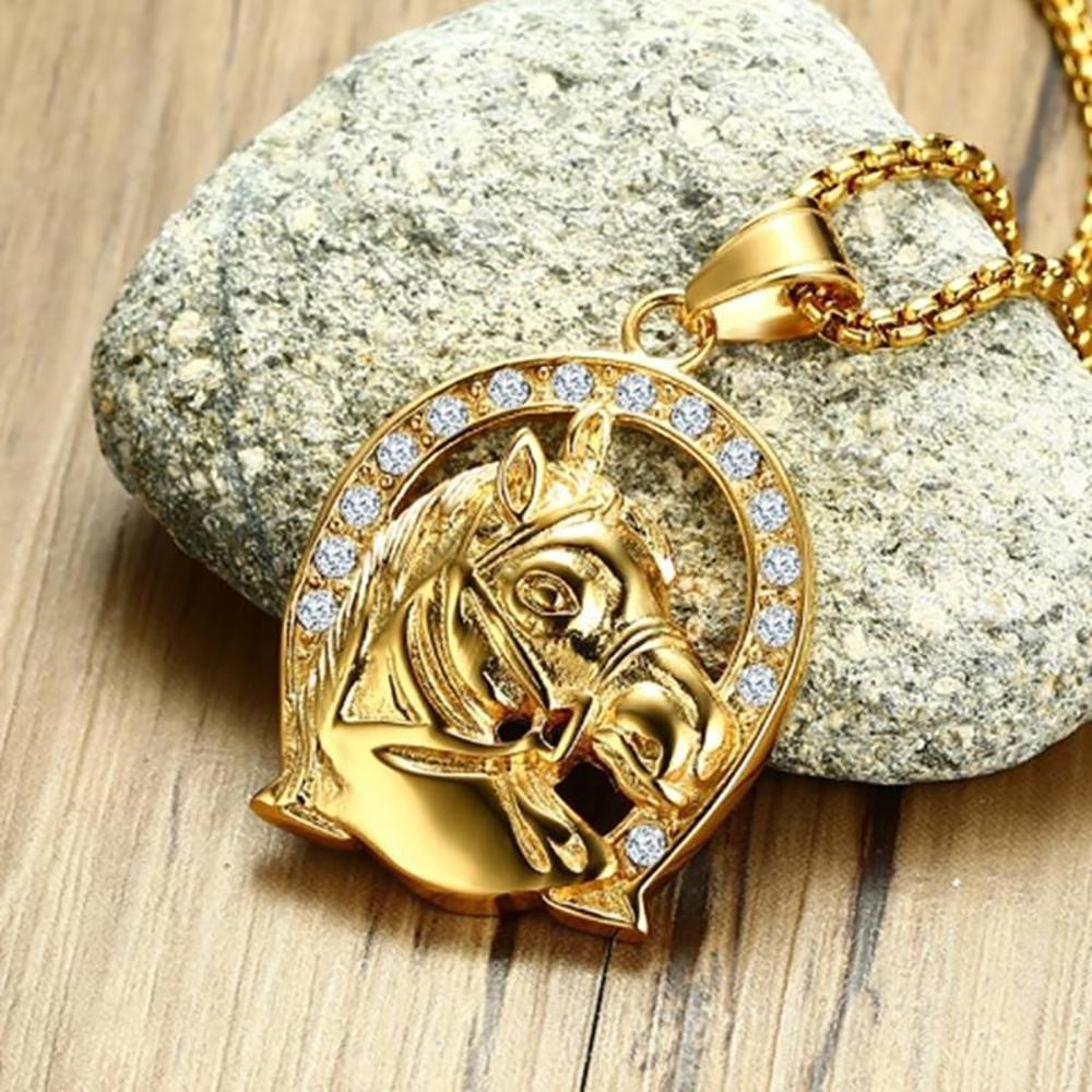 Punk Horse Head Pendants Male Gold Color Stainless Steel Horseshoe Necklace for Men Hip Hop Iced Out Bling Jewelry GIft