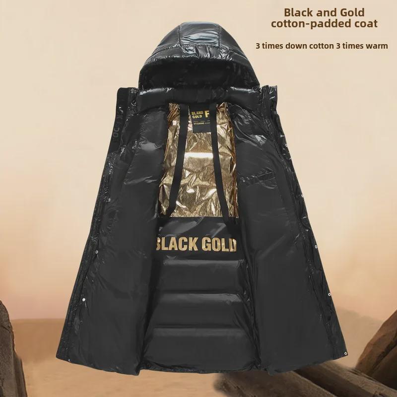 2023 Черно-золотая длинная хлопковая куртка с капюшоном для мужчин - зимнее утепленное пальто для молодых и средних пар