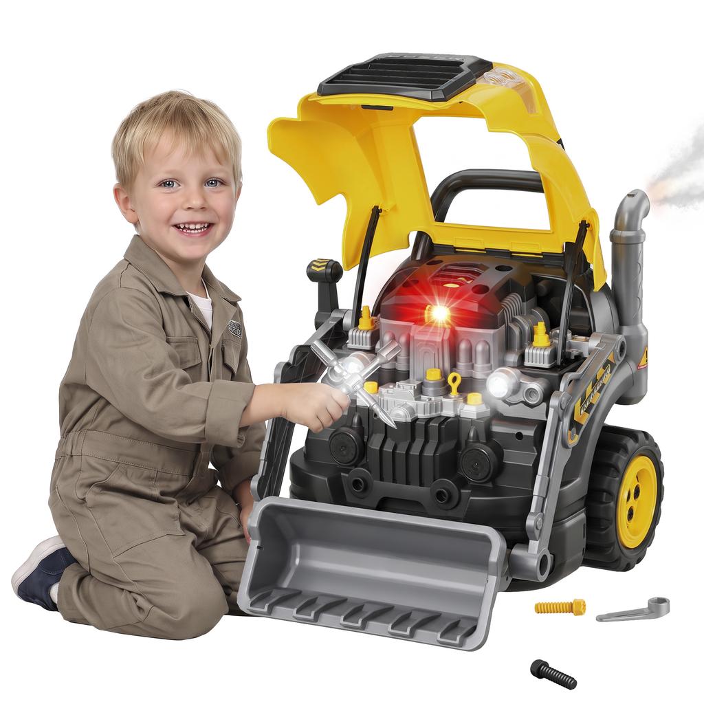 Toy Truck Engine and Excavator, Steering Wheel, Fog Effect, Sound and Light, Ages 3-6, Yellow