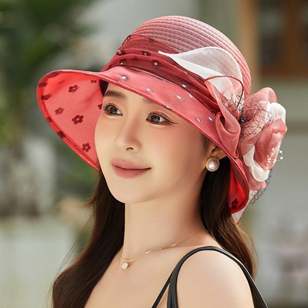 Flower Decor Dotted Print Bucket Hat Wide Brim Beach Hat Fashion Fisherman Hat Summer