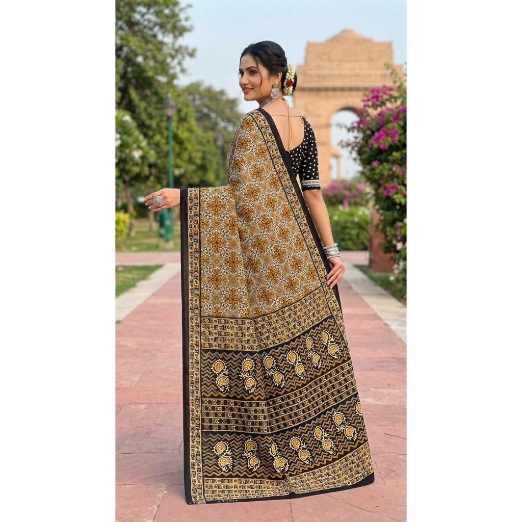 Новинка Красивая Сари из Мульмул Хлопка с Принтом Багру