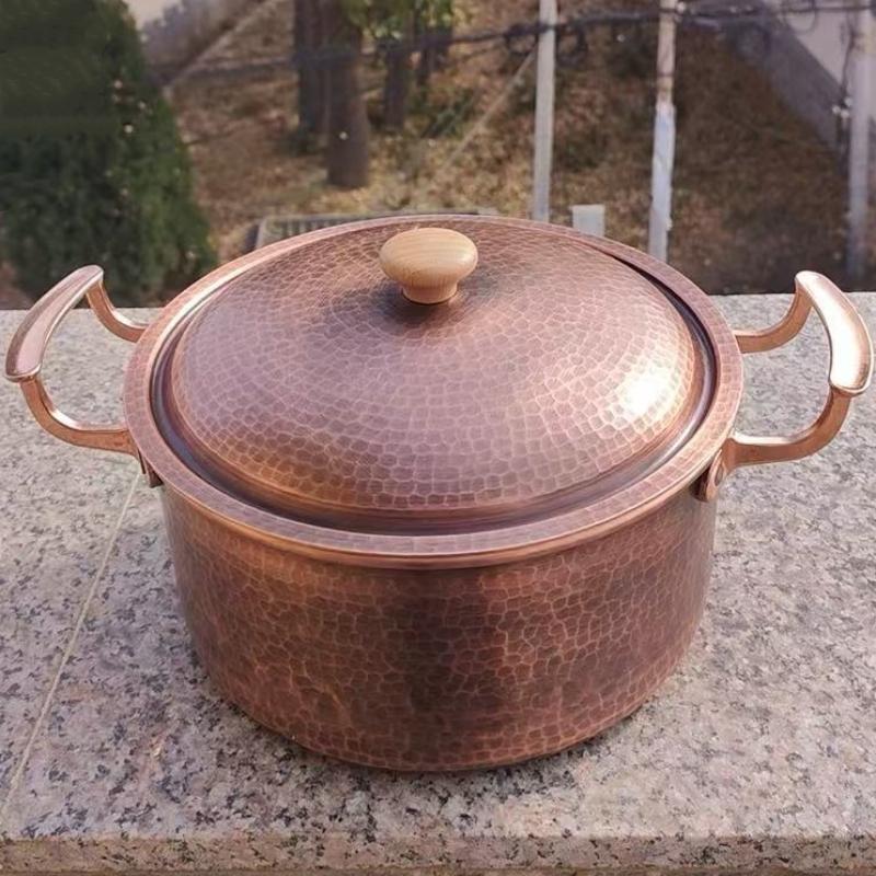 Винтажный Медный Котелок, Толстый Котелок для Кемпинга с Крышкой, Кухонная Утварь для Медленного Кипячения Пасты, Тушения Рагу, Ручной Работы Котелок с Чеканной Текстурой