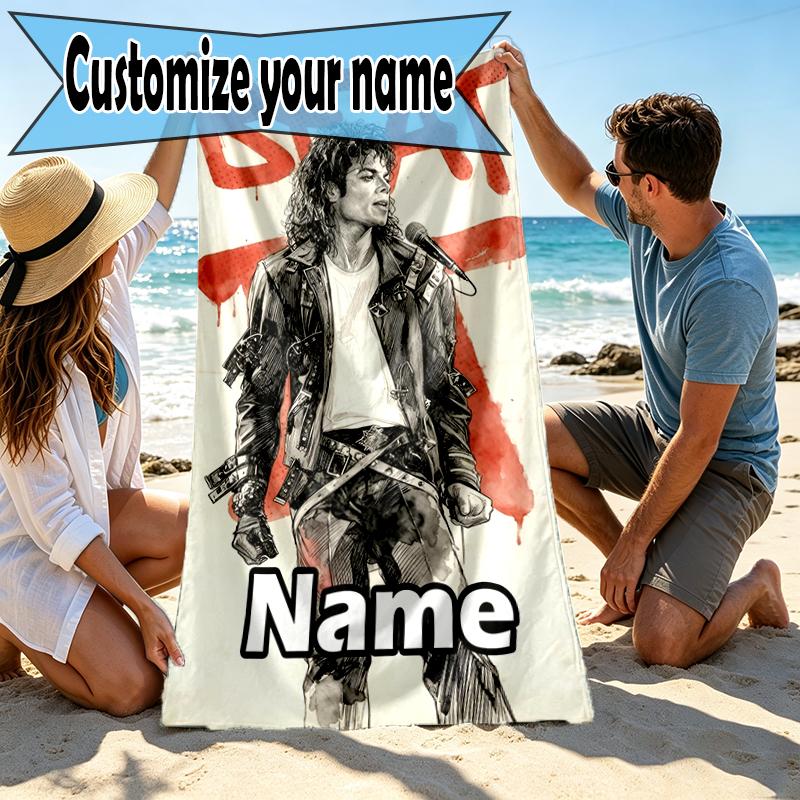 Custom Name Personalized Michael Jackson Print Beach Towel, for Trip Camping Beach Party Home Decor, Birthday Gift for Family & Friends