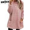 Autumn Winter Solid Color Print O-Neck Women's Long Sleeve Pocket Plush Hoodie T-shirt Top