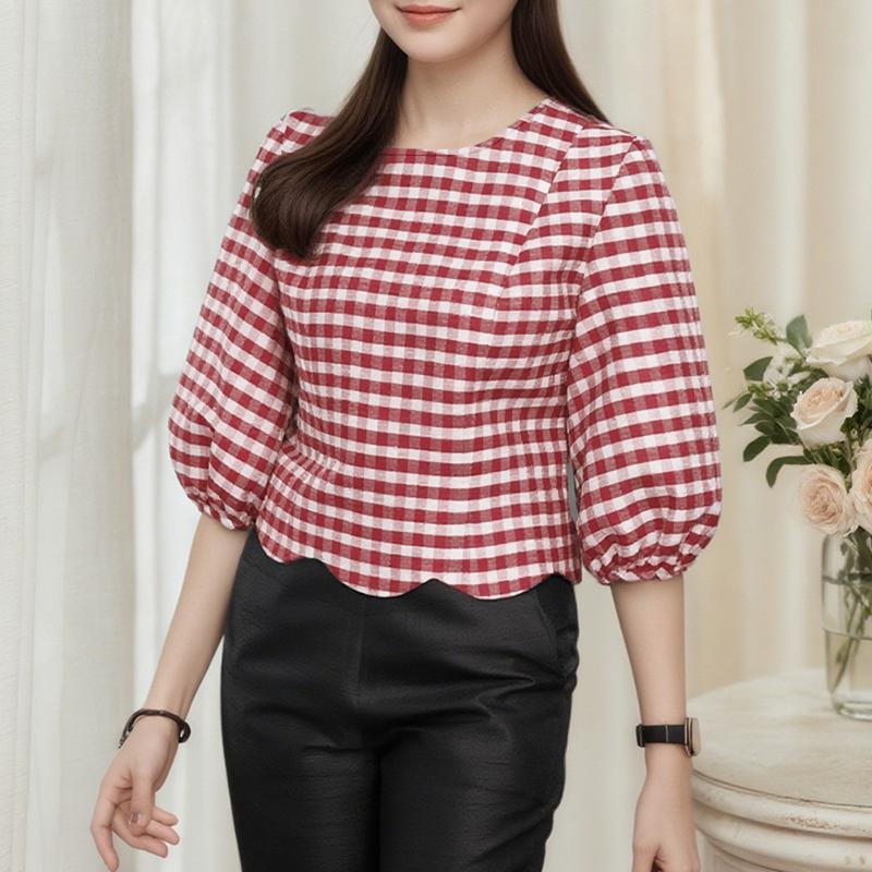 ZANZEA Женская блузка в стиле ретро с клетчатым принтом и рукавом 3/4