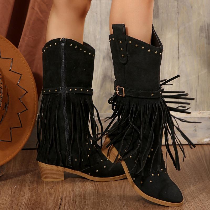Women's Fashion Chunky Single Boots Fall New Pointed Sleeve Rivet Fringe Side Zipper Comfortable High Boots