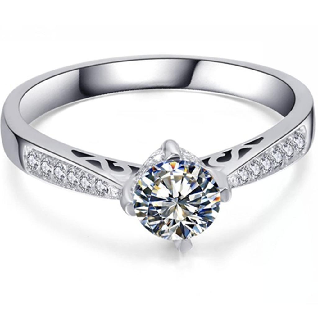 Carat 4 Prong Hollow Style NSCD Diamond Ring for Women Engagement Jewelry Wedding Band Anniversary 18K White Gold Plated 0.5