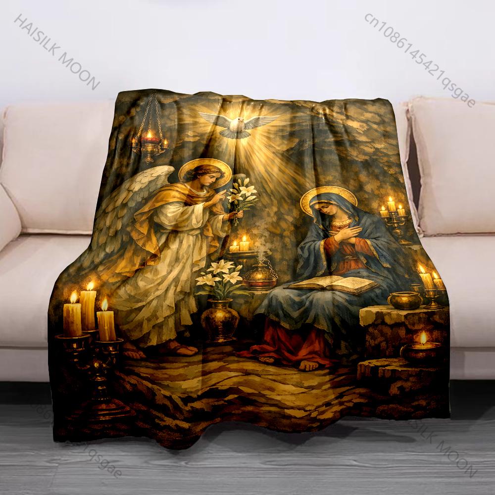 1PC Angel blessing Virgin Mary cave Print Believer Pray blanket Warm soft flannel material suitable for all seasons luxury gift