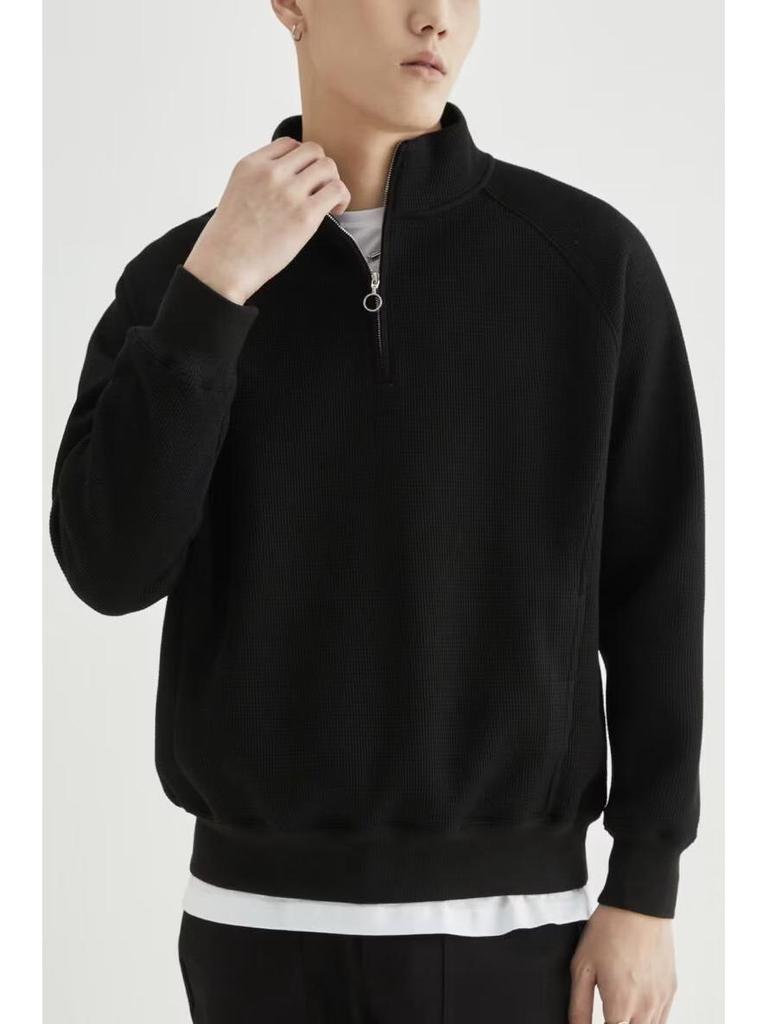 Мужской свитер из японской шерсти в стиле ретро с вафельной отделкой и застежкой-молнией на половину длины 2023 года, мода весна/осень.