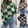 Autumn and Winter Casual High-neck Contrasting Color Checkered Lantern Long-sleeved Sweater Women's Wear