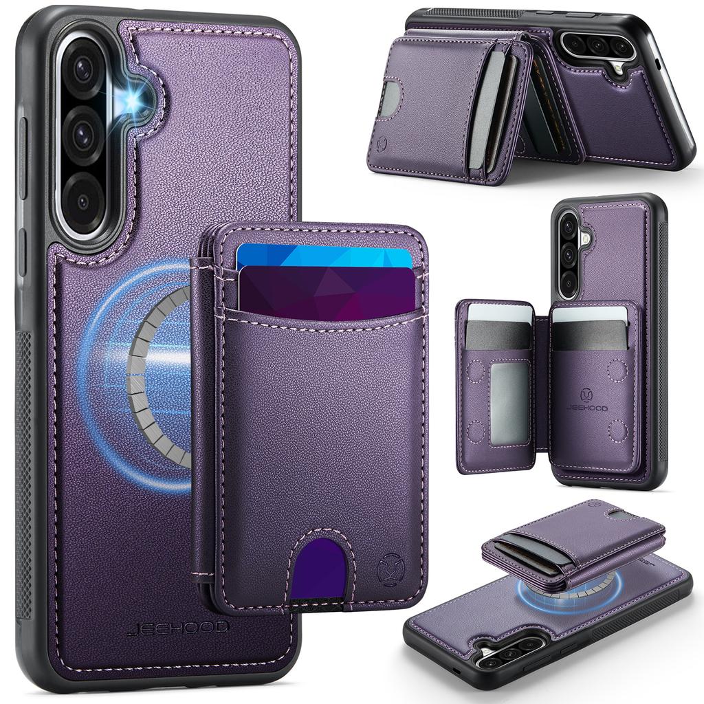 For Samsung Galaxy A56 5G Magnetic Case JEEHOOD J10 Leather Back Phone Cover with Detachable Card Holder Kickstand