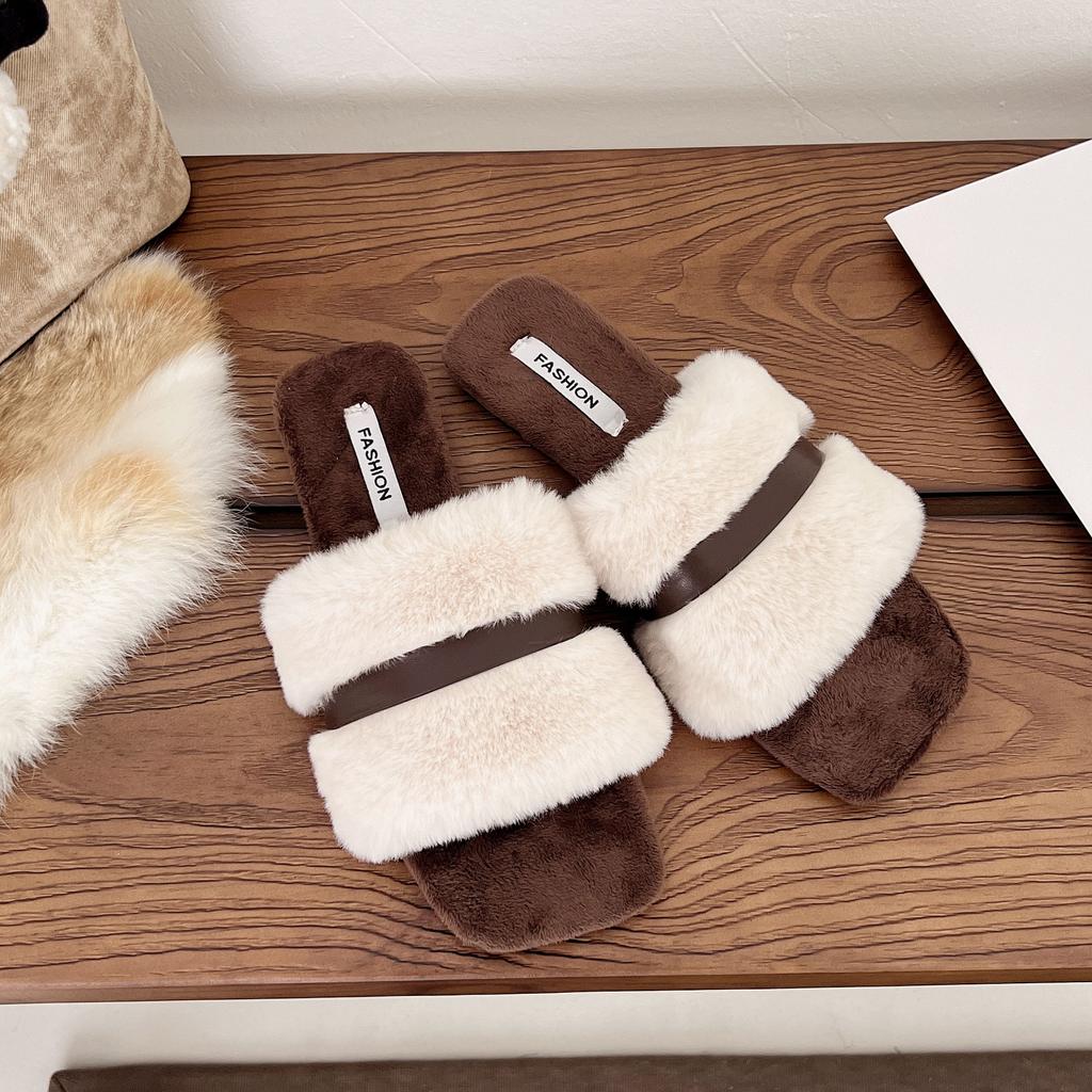 2025 Autumn and Winter New Flat-bottomed Fish Mouth Fashionable and Comfortable Foreign Trade Large Size Lazy Foot Fluffy Slippers Women