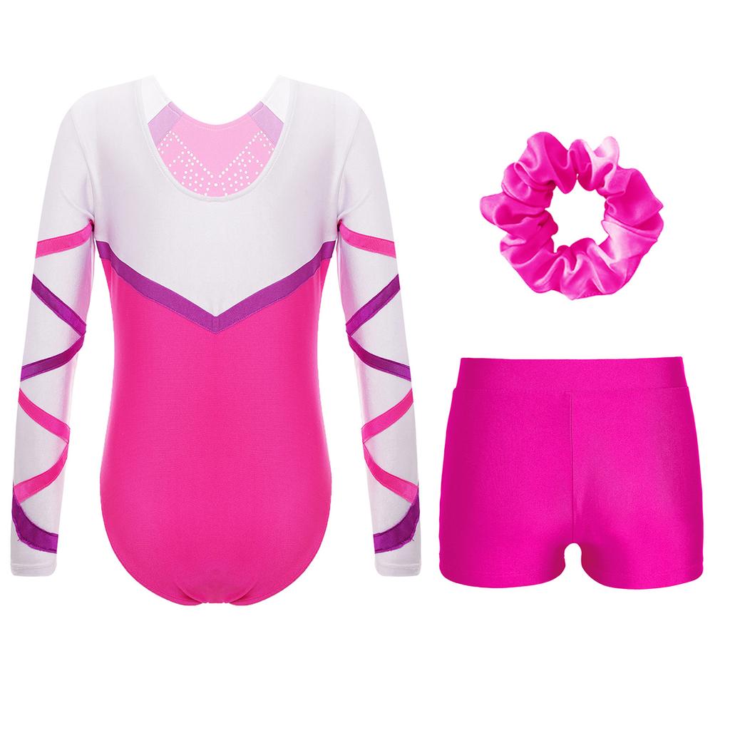 Костюм для танцев для девочек из 3 предметов, блестящий купальник с длинными рукавами, V-образный вырез спереди, шорты, повязка для волос для соревнований по гимнастике