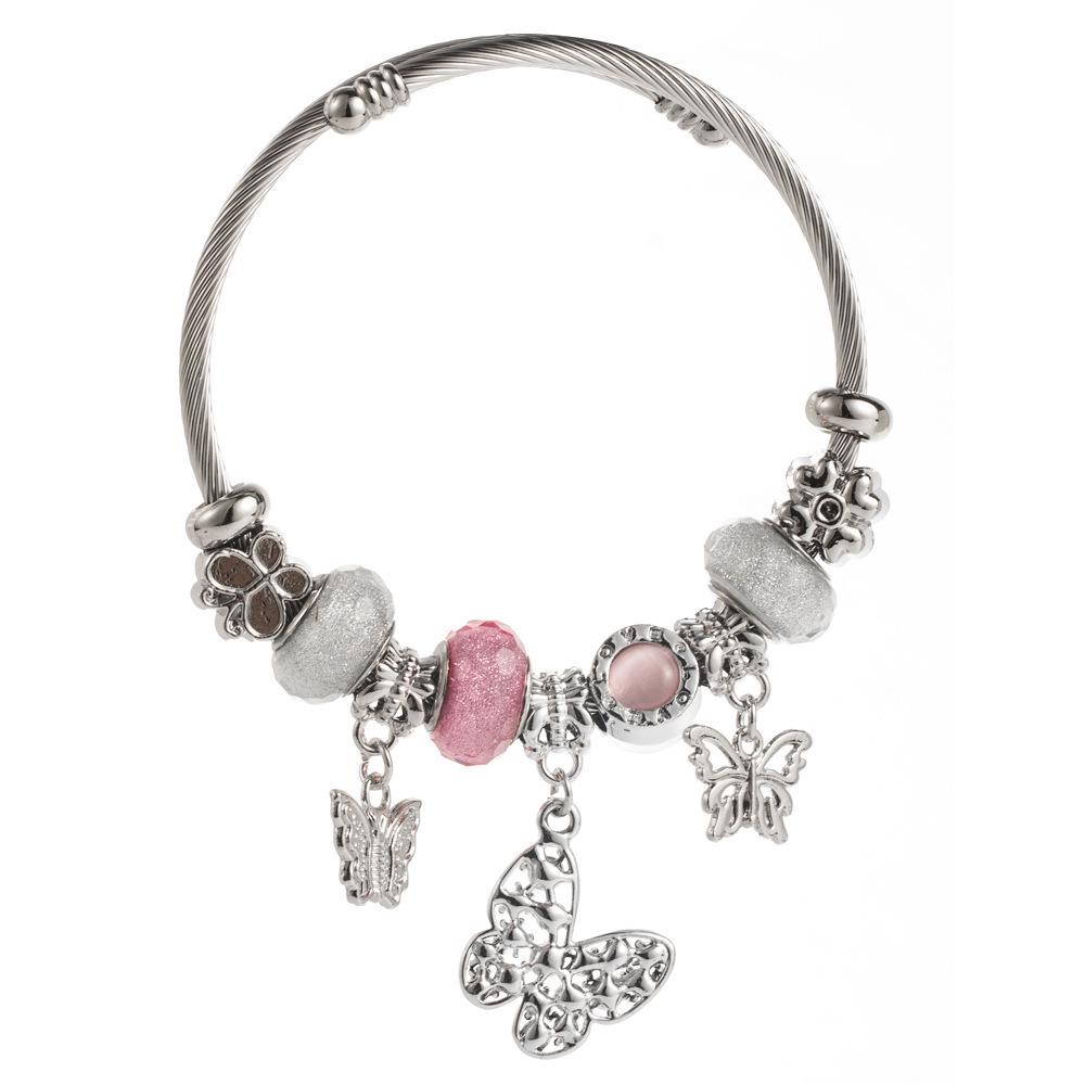 Браслет из нержавеющей стали Panjia Dora: Женский регулируемый браслет с бриллиантовыми бусинами и подвеской "Любовь".