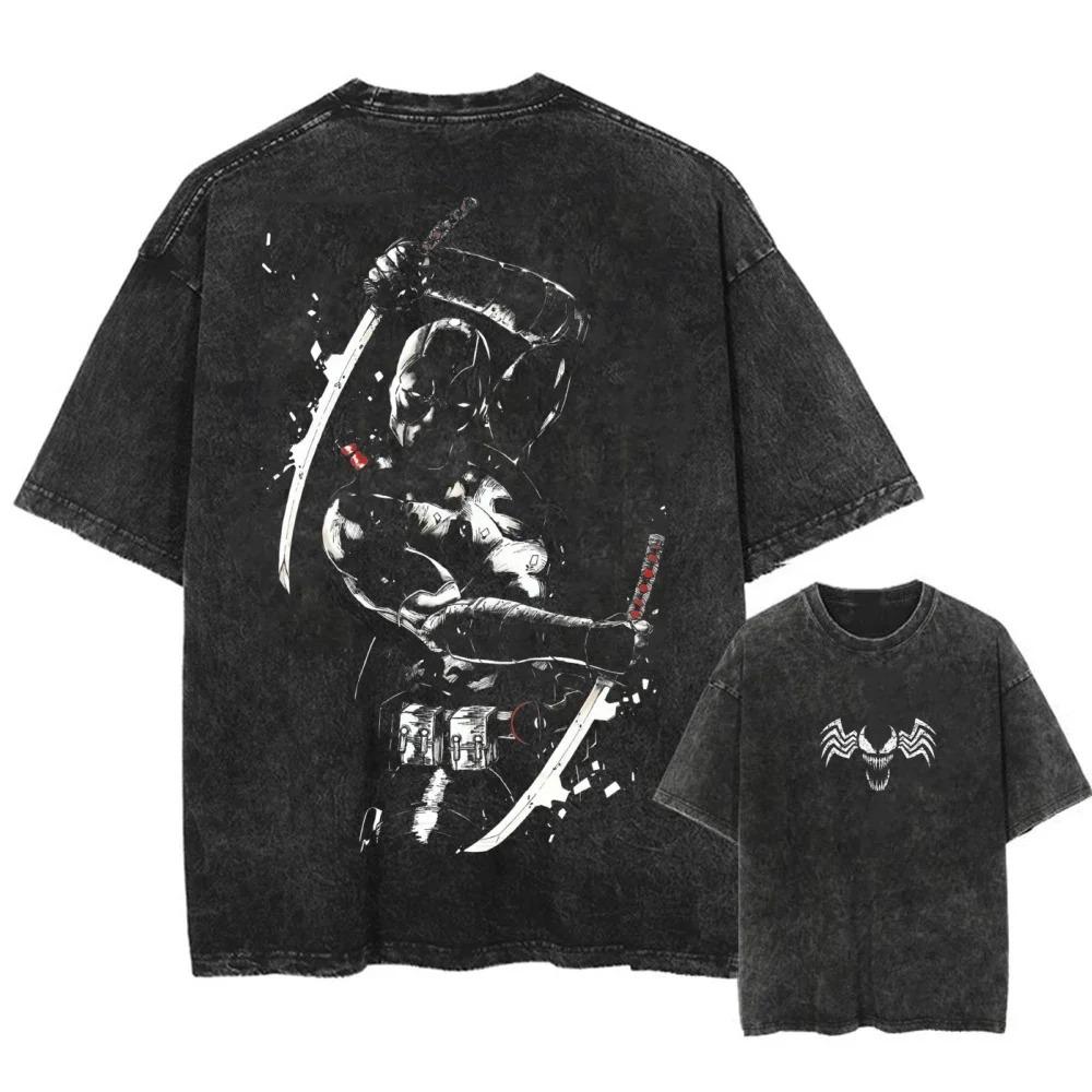 American Rebel Role Anime Venom Graphic Print T-Shirt Men Women Vintage Washed Cotton Summer New Tee Streetwear Hip Hop Harajuku Fashion Oversized Top