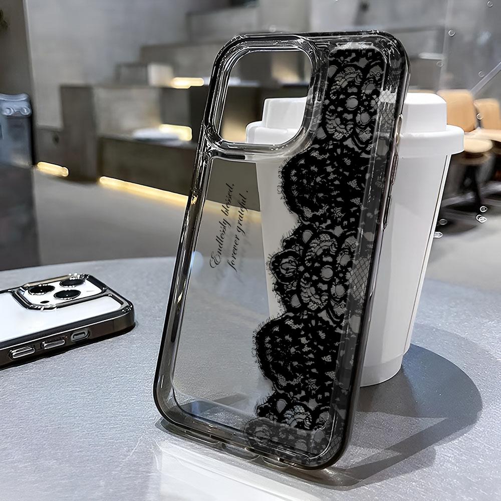 Черный кружевной чехол для iPhone 17 16 15 14 13 12 11 Pro Max Ударопрочный Мягкий чехол-накладка для телефона 13 Pro Max 15 16 17 Air