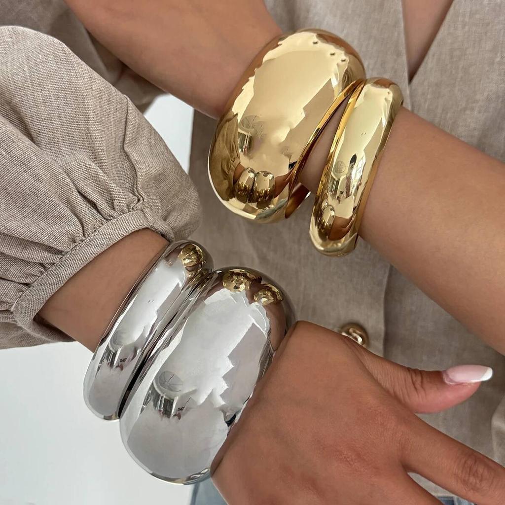 SHIXIN Exaggerated Metal Big Round Wide Bracelets for Women Hiphop Glossy Geometric Stackable Bangle Bracelet Party Jewelry New