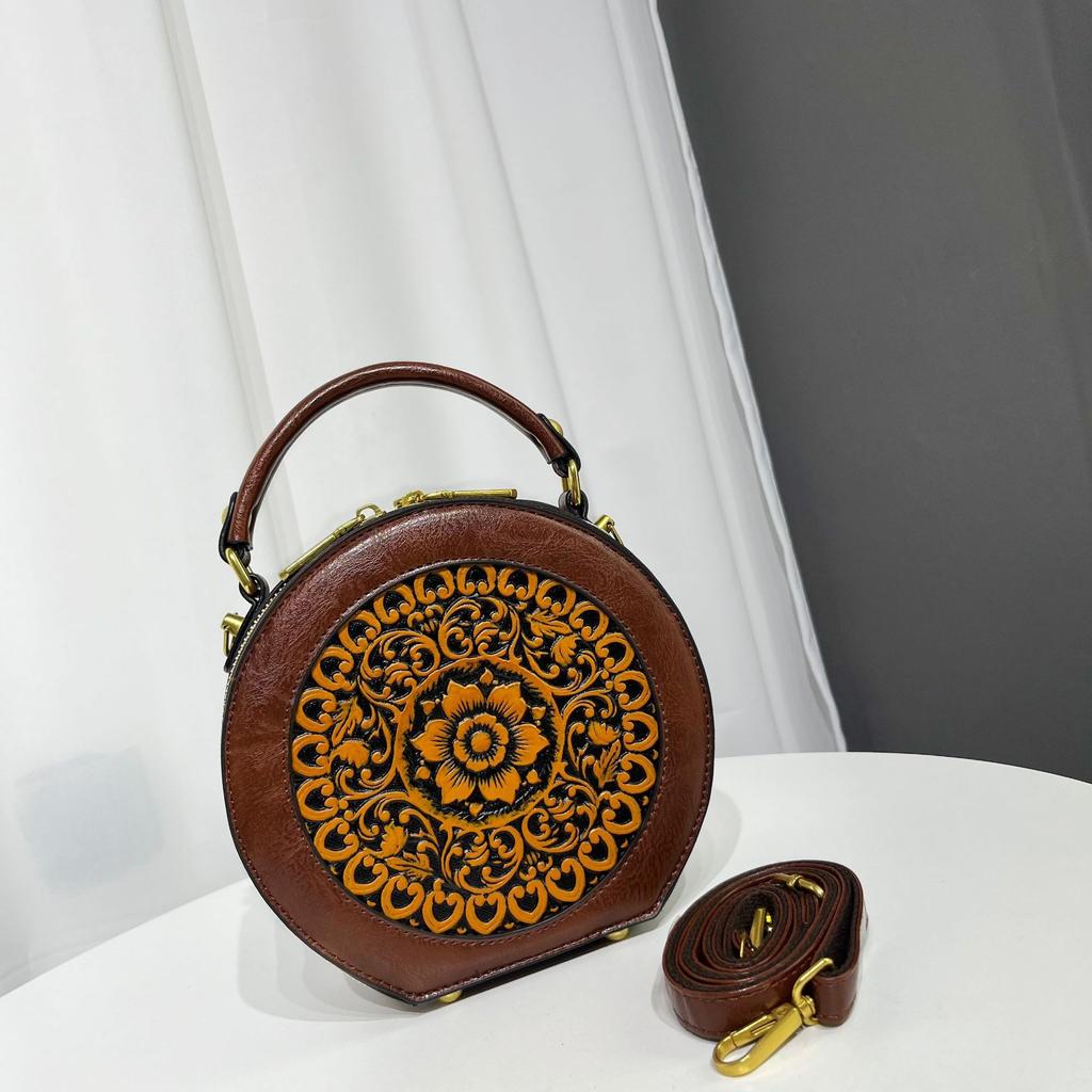 Этническая винтажная круглая сумка через плечо - женская сумка через плечо с резным цветком ручной работы, минималистичная текстура, сумка-тоут большой вместимости