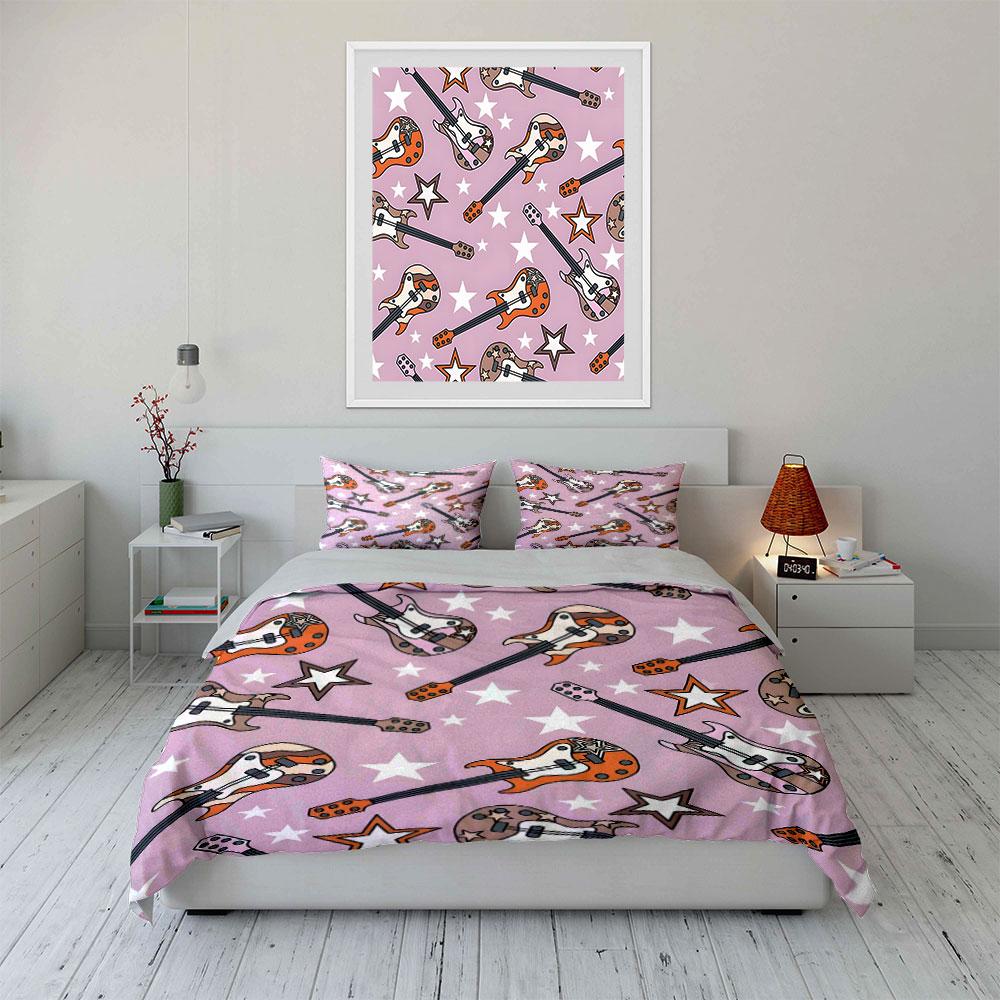 Guitar and Star Patterned Background Print Bedding Set 1Duvet Cover 2 Pillowcases for Adult and Children Luxury Gift Full Size