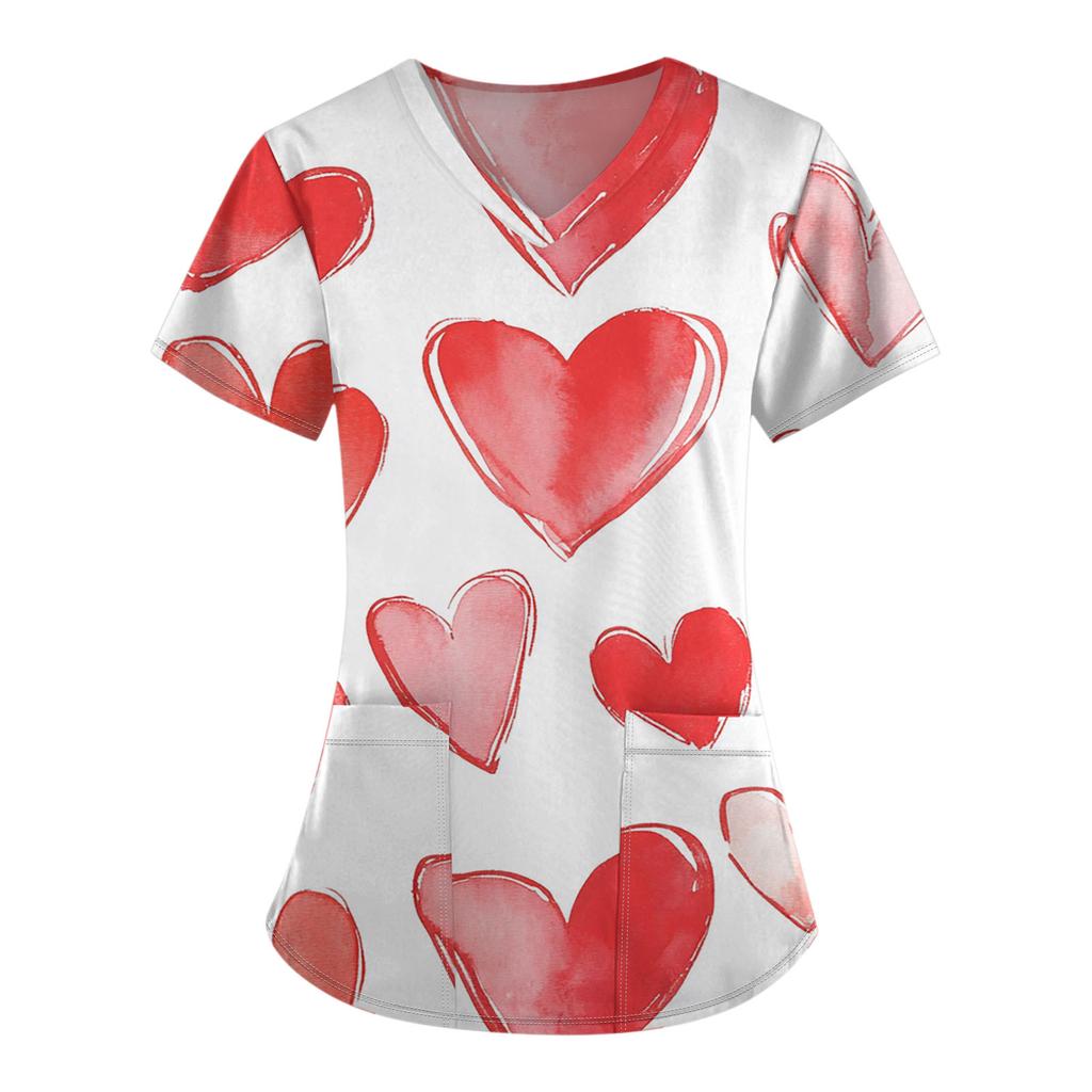 Женский модный комбинезон с коротким рукавом и V-образным вырезом, с карманом, на День святого Валентина, с принтом, топы, одежда