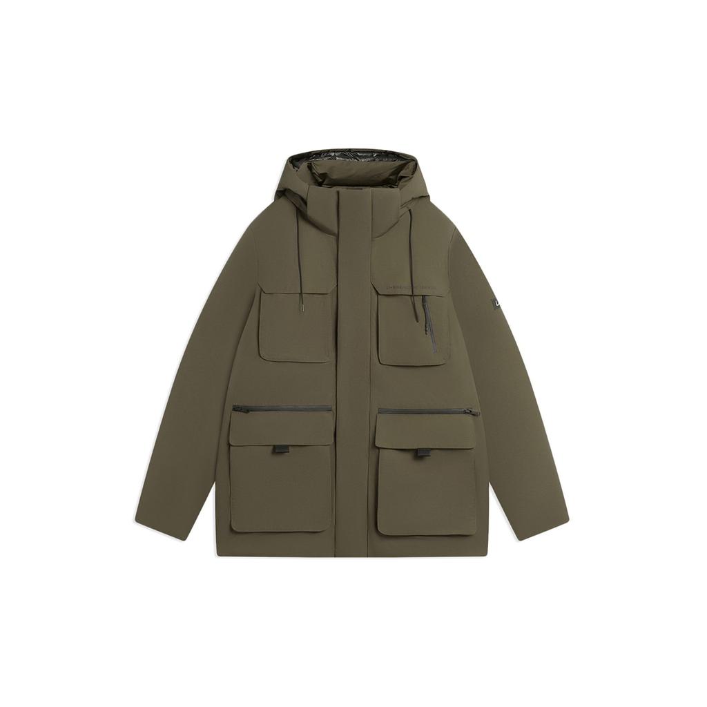 Li Ning Solid Color Multi-Pocket Workwear Detachable Hooded Down Jacket Men Outerwear Dark-Olive-Green AYMS311-2