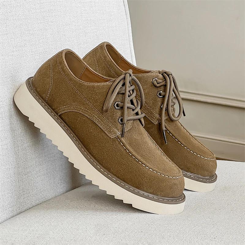 Spring Thick Soled Oxford Shoes Men's Lace Up Outdoor Casual Shoes Cow Suede Sports Classic Round Toe Comfortable Low Top Shoes