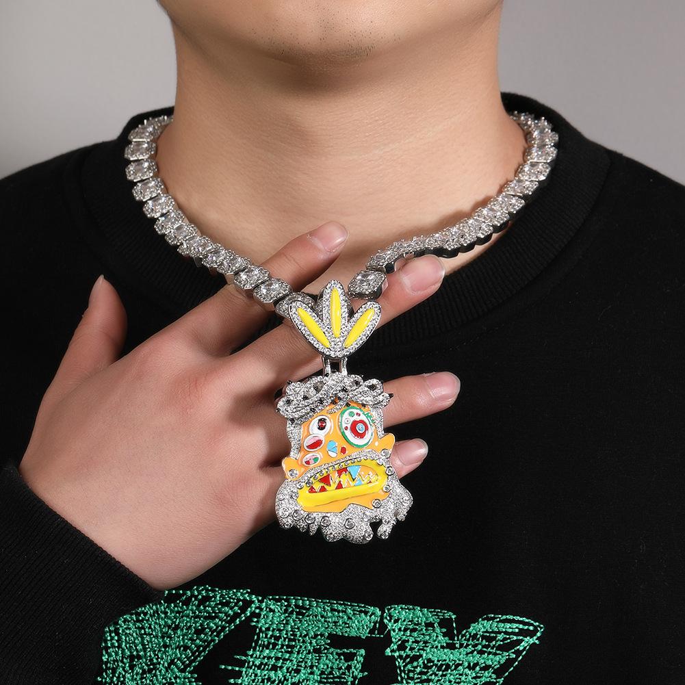 European American Hip Hop Cartoon Avatar Pendant Necklace, Copper Inlaid Cubic Zirconia, Colorful Enamel Bold Cool Unisex Statement Neck Jewelry