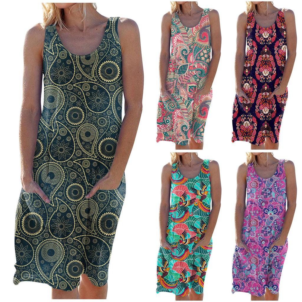 Women's Fashion Summer Printed  Sleeveless Dress Crewneck  Large Hemline Dress