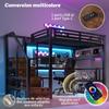 Loft Bed, 140 x 200 cm, Iron Frame, Storage Shelf, Hanging Grid, LED Light, Desk, Staircase, 2 USB Ports, 1 Type-C Socket, Without Mattress, Black