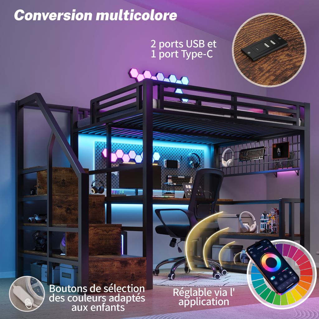 Loft Bed, 140 x 200 cm, Iron Frame, Storage Shelf, Hanging Grid, LED Light, Desk, Staircase, 2 USB Ports, 1 Type-C Socket, Without Mattress, Black
