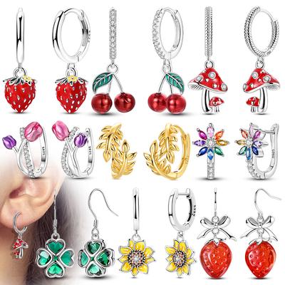 Серьги из серебра 925 пробы с сияющим цирконом Вишня Радужный цветок Гриб Цветок ириса Кольцо для женщин Вечеринка Украшения Подарок