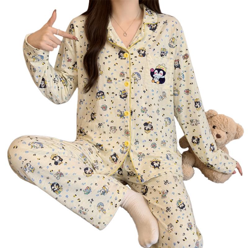 Cute Penguin Party Pure Cotton Pajamas Women's Spring and Autumn New Long Sleeve Cotton Loungewear Cute Wind Suit