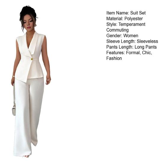 Женские деловые костюмы-двойки, повседневный жилет-блейзер без рукавов, брюки с широкими штанинами, комплект-костюм, нарядный офисный комплект для работы