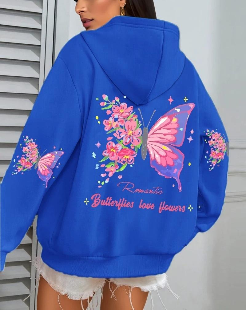 Farfalle Amore Fiori Print Women'S Hoodie Fall Loose Casual Pocket Fleece Jumper