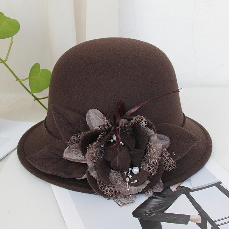 Bucket Hat Female British Retro Feather Flower Woolen Top Hat Elegant Felt Hat Pot Hat