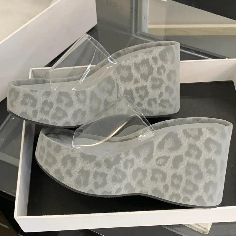Новый Дизайн Леопардовый Принт Платформа Танкетка Женские Шлепанцы Летние ПВХ Прозрачные Открытый Носок Высокий Каблук Вечеринка Платье Туфли