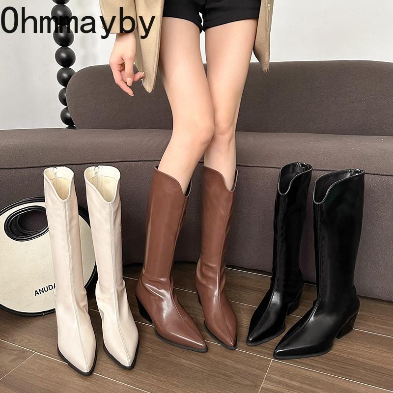 Уличный стиль, дизайнерские женские сапоги до колена, модные, с острым носком, длинные, с квадратным каблуком, обувь на осень-зиму