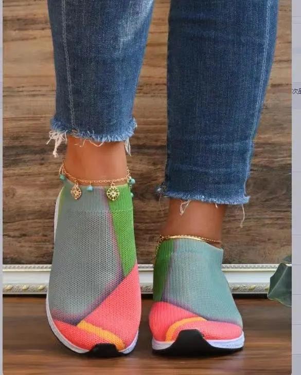Женские кроссовки, повседневная обувь, дышащие сетчатые кроссовки на платформе, женские слипоны, мягкие повседневные туфли ярких цветов, вязаные носки, туфли на плоской подошве