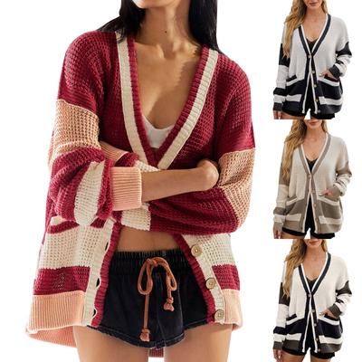 Женская повседневная трикотажная куртка с карманом и цветными блоками, кардиган, свитер, свободная куртка