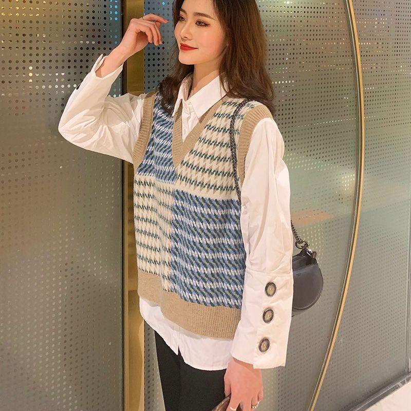 Женский пуловер, новинка 2022 года, свитер с v-образным вырезом, женский осенний свободный жилет, корейский жилет без рукавов контрастного цвета, женский жилет