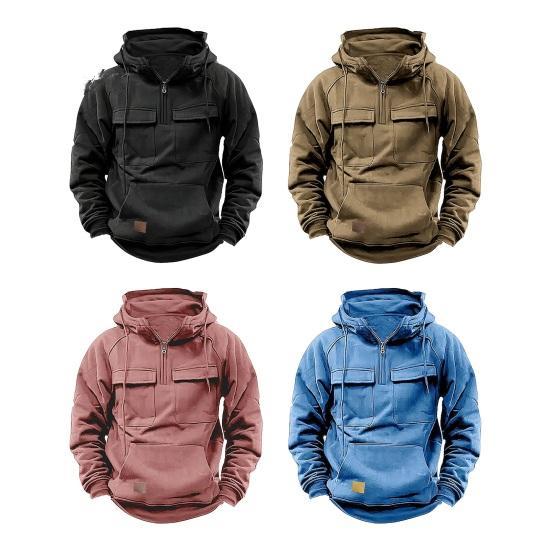 Men's Large Patch Pocket Drawstring Long Sleeve Half-Zip Hoodie