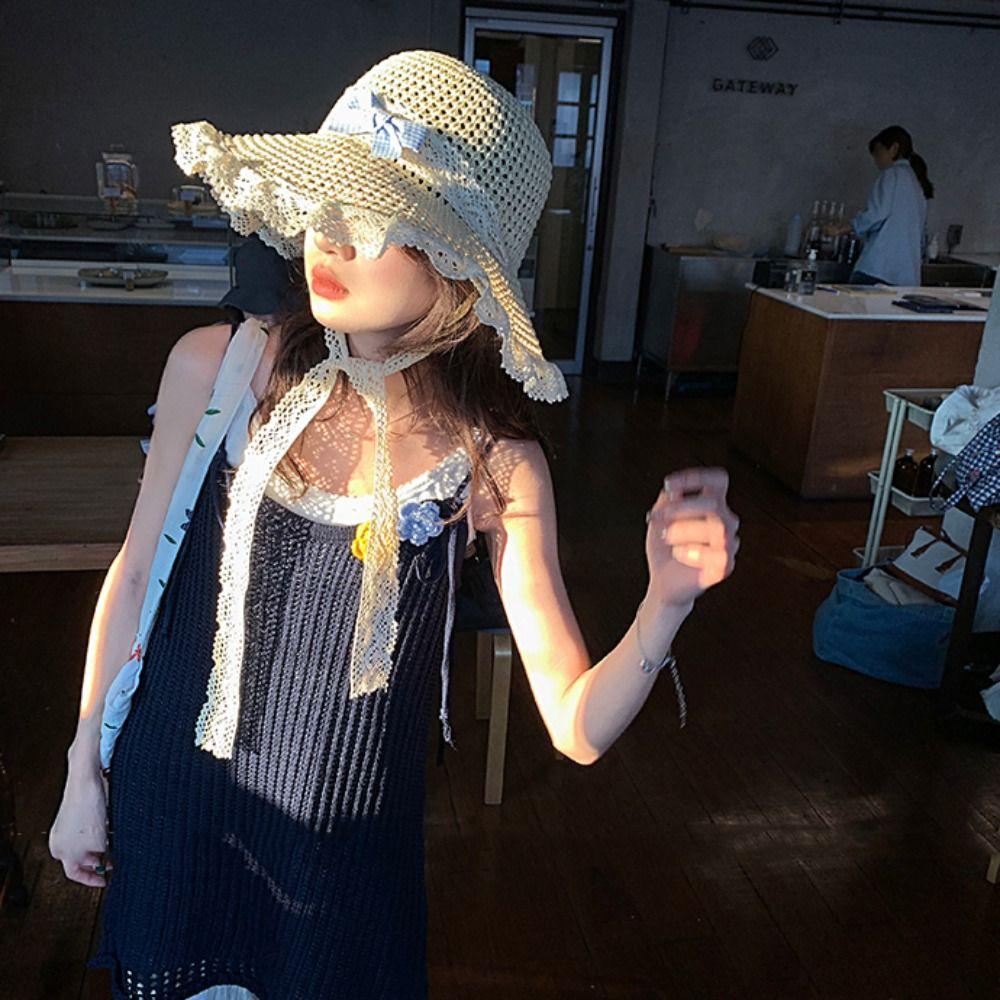 French Style Lace Bucket Hat Sweet Women's Sun Hat Sunscreen Bow Ribbon Straw Hat Girls