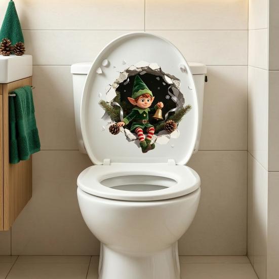 Waterproof Festive Toilet Decorations Christmas 3D Sticker, Cute Elf Boy Breaking Through Wall Decal, Holiday Decor Funny Cracked Seat
