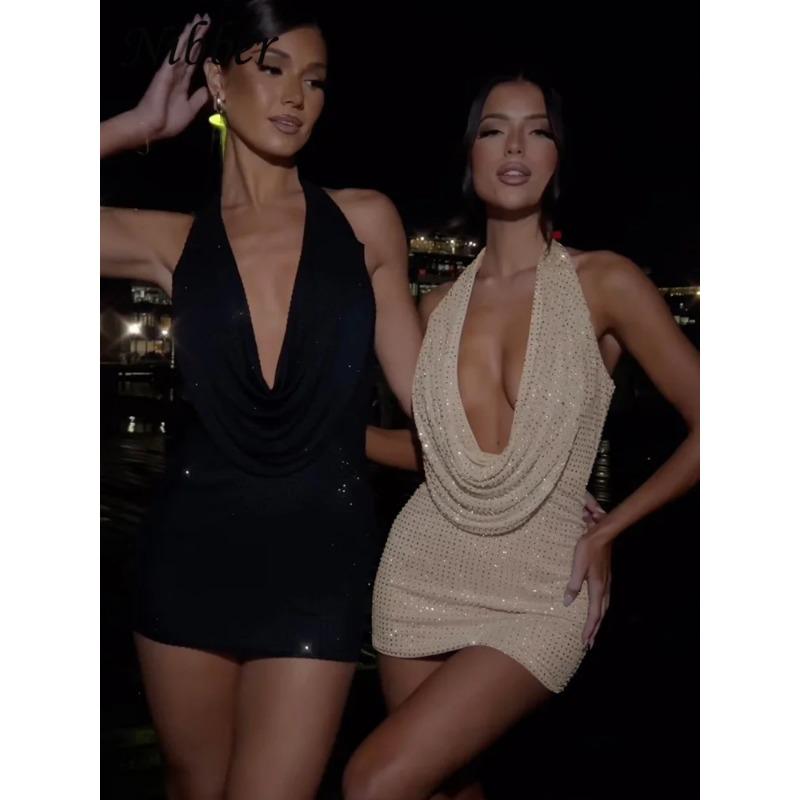 Nibber Diamond Pasted Solid Color Mini Dress Women Fashion Deep V-образный вырез без бретелек Dresses Women Trend Streetwear Clothing