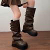 Зимний Панк Стиль Плиссированные Вставки Женские Сапоги до Колена Модные Сапоги на Платформе Толстый Каблук Длинные Ботильоны De Mujer