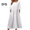 Summer Dress with Pockets Round Neck Loose Waist Short Sleeves Calf Length Solid Color Midi Dress for Work School Dating