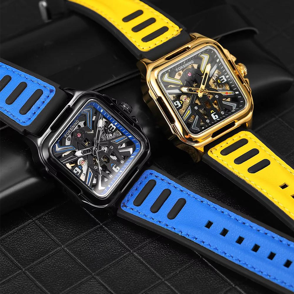 Luxury Square Transparent Skeleton Mens Watches Field Sports Rubber Band Mechanical Watch Luminous Waterproof Reloj Hombre 2024