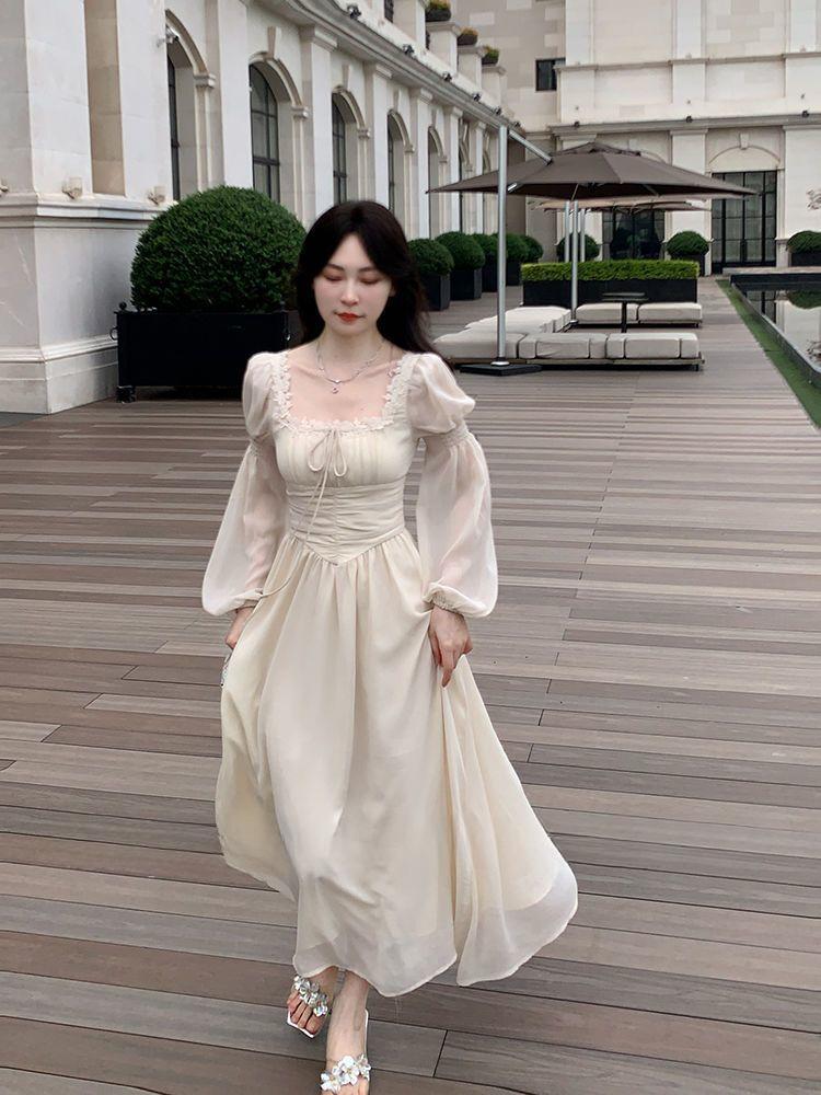 2024 Новая французская длинная юбка темперамент квадратный вырез шифон длинный рукав сказочный дворец ветер платье ранняя весна
